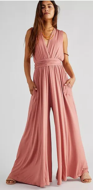 Free People Beach Dani Convertible Jumpsuit Size Medium Pink Maeve Wide Leg Boho thumbnail 1