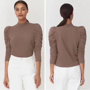 Cuyana French Terry Puff Sleeve Sweatshirt Top‎ Mushroom Tan Pima Cotton thumbnail 2