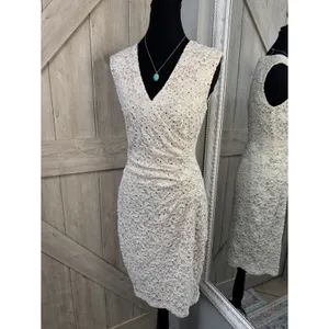 Connected Apparel Vintage Sequined White Lace Faux-Wrap Cocktail Dress - Small thumbnail 2