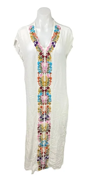 Womens White Floral Embroidered Vneck Beach Summer Boho Swim Cover Up Dress Mw thumbnail 1