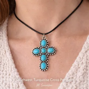 Southwest Turquoise Cross Pendant Necklace Silver Tone Boho Western thumbnail 1
