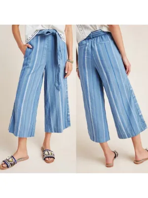 Anthropologie Blue Striped Cropped Wide-Leg Linen Pants Size Medium thumbnail 2