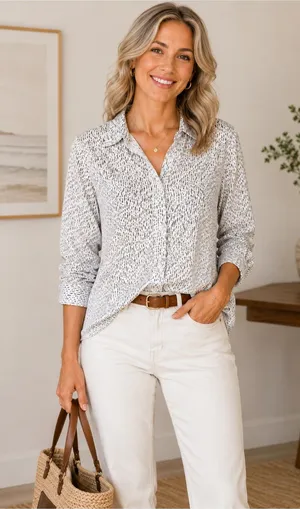 Garnet Hill White Speckle Pima Cotton Quiet Luxury Button Front Size 12 Shirt thumbnail 1