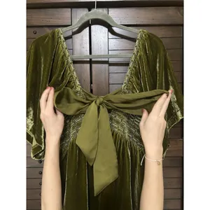 Free People Easy To Love Velvet Smocked Ruffle Mini Dress Size S Olive Green NEW thumbnail 6