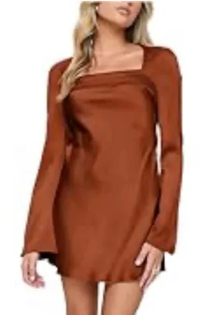 NEW Elegant Square Neck Satin Long Sleeve Mini Dress M thumbnail 1