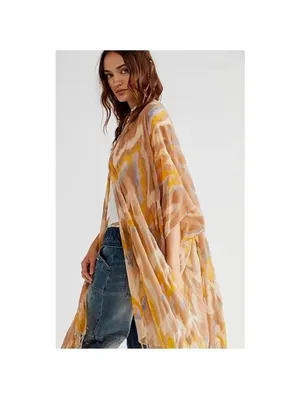 Free People Dripping Velvet Burnout Fringe Kimono Duster Yellow Women’s ONE SIZE thumbnail 10