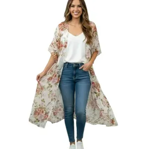 American Eagle Ivory Floral Kimono Duster M Boho Cottagecore Flutter Sleeve thumbnail 2