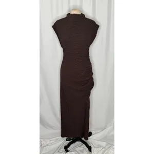 NWT!! ANTHROPOLOGIE Maya Ruched Cowl Neck Textured Midi Dress Chocolate Large thumbnail 2