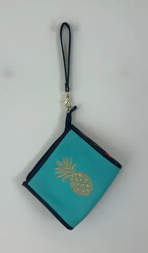 Spartina 449 Embroidered Turquoise Clutch Wristlet Gold Pineapple Zipper Top thumbnail 1