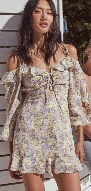 ASTR The Label Anastasia Cutout Mini Dress Small Ivory Lilac Floral Cottagecore thumbnail 1
