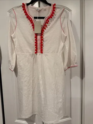 Boden Naomi‎ White Swim Coverup with Red Pom-Pom Trim 6L thumbnail 2
