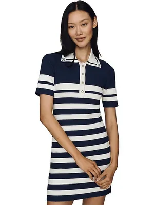 Anthropologie Maeve Collared Mini Sweater Dress Navy White Stripe thumbnail 2