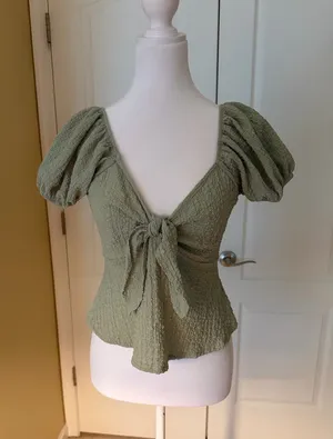 See You Monday Sage Green Puff Sleeve Tie-Front off shoulder Blouse thumbnail 1