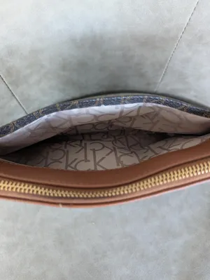 Calvin Klein brown trim monogram canvas gold hardware crossbody bag thumbnail 3