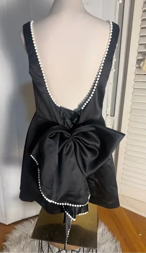 Wear Your Love Black Satin Pearl Trim Open Back Detachable Bow Mini Small NWT thumbnail 1