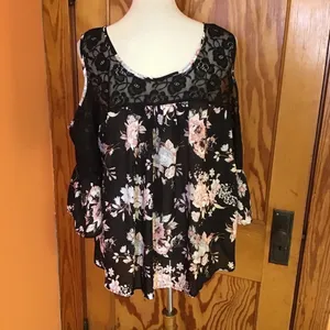 Charming Charlie Black Floral Cold Shoulder Blouse XL Lace Boho Flowy Top thumbnail 15