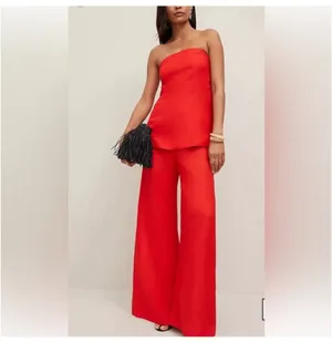 Ann Taylor Strapless Linen Red Two-Piece Pants Set thumbnail 3