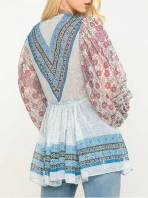 Free People $128 Aliyah Tunic Blouse Top S geometric print floral balloon sleeve thumbnail 2