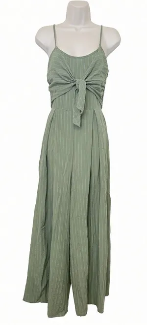 Flying Tomato Wide Leg Pinstripe Tie Front Keyhole Back Strap Jumpsuit Green S thumbnail 1