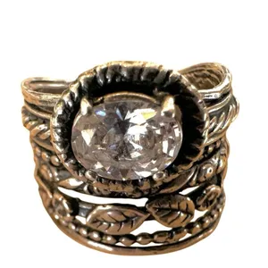Sterling Silver Israel Wide Band Leaf Ring w/ CZ thumbnail 10