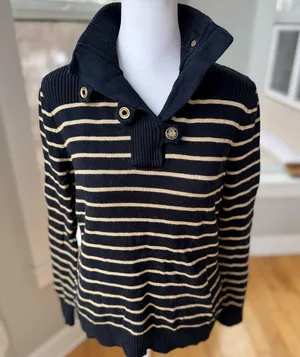 Lauren Ralph Lauren Black Gold Striped Mockneck Cotton Sweater Metallic Medium thumbnail 6