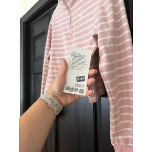 Lululemon Cotton French Terry Cropped Half Zip in the Yachtie Stripe Pink Haze L thumbnail 2