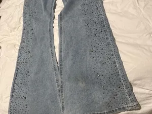 Women's Light Blue Flared Jeans with Rhinestone Detail thumbnail 6