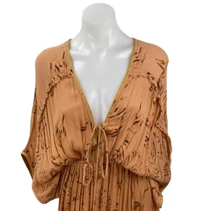 Z&L Tan Long Dolman Sleeve V Neck Pleated Open Back Blouson Maxi Dress Size S thumbnail 3