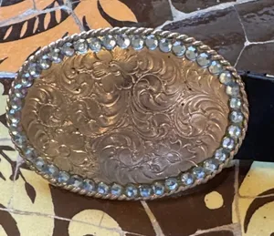 Black Leather Belt with Decorative Silver-Tone Oval Buckle & Rhinestones Sz: S thumbnail 1