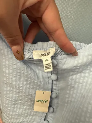 Aerie Light Blue Smocked Seersucker Ruffle Button-Up Crop Top thumbnail 2