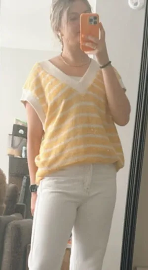 Zara Yellow & White Striped V-Neck Knit Tank thumbnail 1