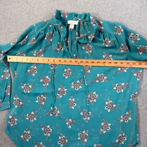 LOFT Outlet Women's Medium Sheer Teal Floral Ruffle Tie Neck Blouse Top thumbnail 8