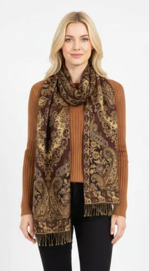 Pashmina Brown Tan & Black Brocade Print Rectangular Scarve thumbnail 1