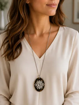Lia Sophia Tortoiseshell Statement Pendant Necklace Art Starburst Rhinestone 34” thumbnail 1
