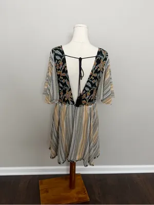 Free People Under The Sun Tunic Dress Mixed Print Floral Striped Boho Festival thumbnail 6