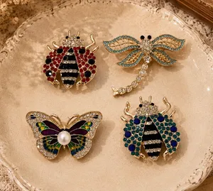 4 Gold-Tone vintage inspired Butterfly & Ladybug Brooch Set - Sparkling Crystal thumbnail 1