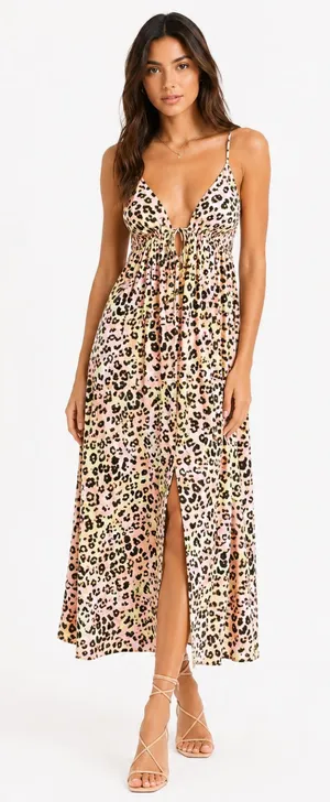 Bar III NEW Leopard Cheetah Print Sleeveless Maxi Dress Pink Yellow Summer XL thumbnail 1