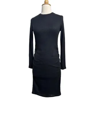 Classic Long-Sleeve Ribbed Knit Dress in Black thumbnail 2