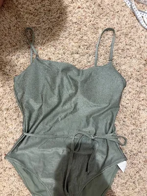 Aerie Shine Ribbed Strappy Scoop Olive Green One Piece Wrap Around Tie Swimsuit thumbnail 4