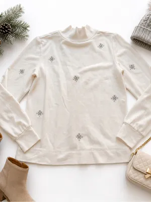 LOFT Ivory Snowflake Embroidered Mock Neck Sweatshirt Winter Cozy Small in GUC thumbnail 4