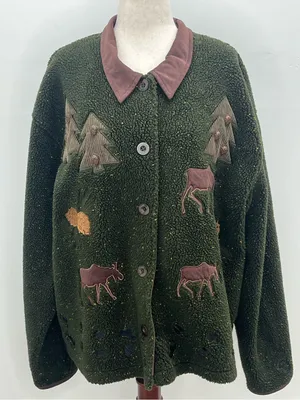 Cabelas Womens Green Moose Pine Tree Applique Cabin Core Sherpa Fleece Jacket XL thumbnail 1
