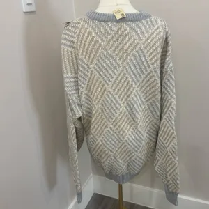 Vintage John Weitz Geometric Knit Sweater Grey Tan‎ Cotton Blend Made in USA L thumbnail 3