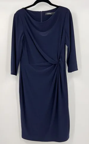 Lauren Ralph Lauren Black Label Sheath Dress Navy Twist Front 3/4 Sleeves Size 6 thumbnail 1