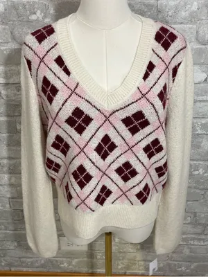 Dry Goods Major Label Cream V-Neck Sweater with Pink & Burgundy Argyle thumbnail 1