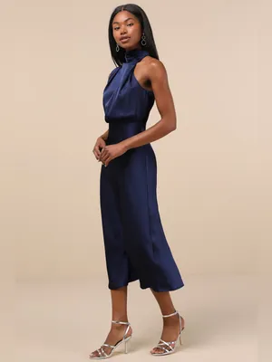 LULU’S Distinctive Charm Navy Satin Asymmetrical Midi Dress thumbnail 3