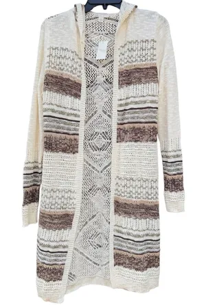 Cato Womens Open Knit Hooded Duster Cardigan Sweater Olive Brown Striped S NEW thumbnail 1