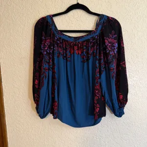 Free People Blouse Blue S Womens Floral Boho Peasant Top thumbnail 6
