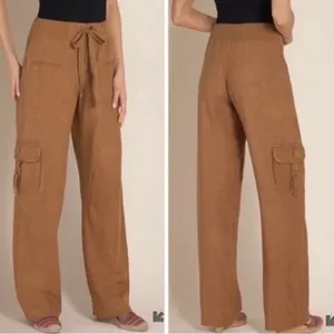 Soft Surroundings Camel Linen Lagenlook Minimalist Wide Leg Cargo Pocket Pants M thumbnail 2