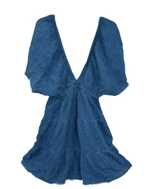 Aerie Pool To Party Flutter Sleeve Dress Cover Up Medium V Neck Gauzy Blue #C3-1 thumbnail 1