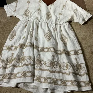 Bloomchic Boho Embroidered Mini Dress Women 18 White Gold Tassel V-Neck Mini thumbnail 7